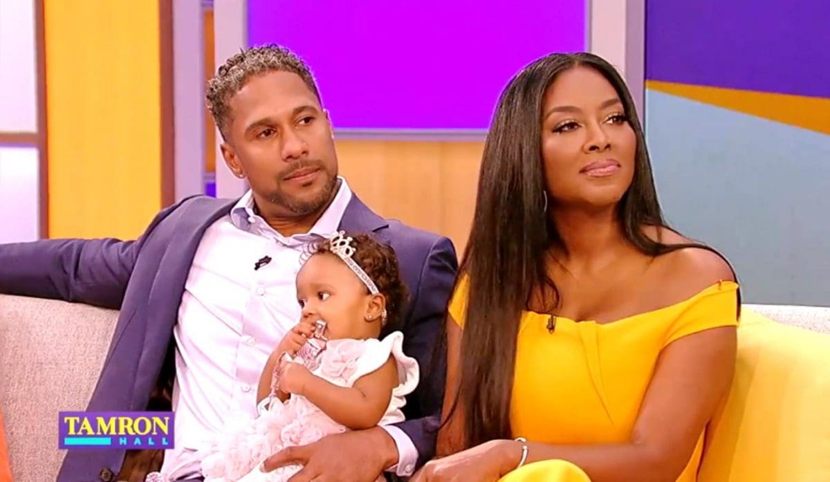 Kenya Moore, Marc Daly, and their daughter Brooklyn appear on a talk show. 