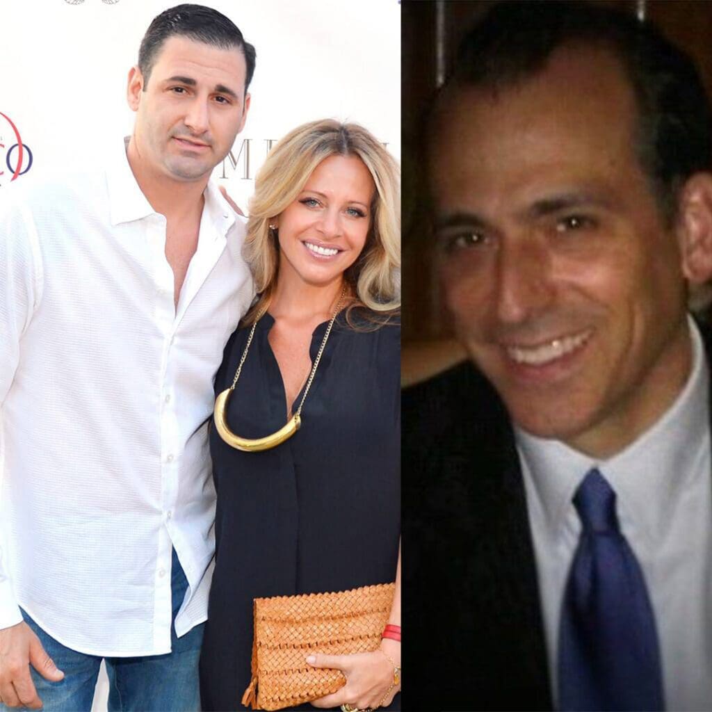 Dina Manzo and David Cantin pose on red carpet; Tommy Manzo smiles for photo