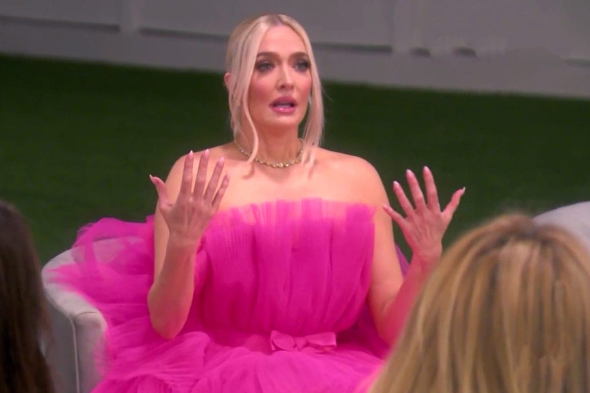 Erika Jayne in bright pink tulle dress while discussing personal issues on RHOBH.
