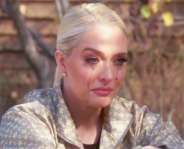 Erika Jayne crying on RHOBH about being dragged into Tom's legal issues.