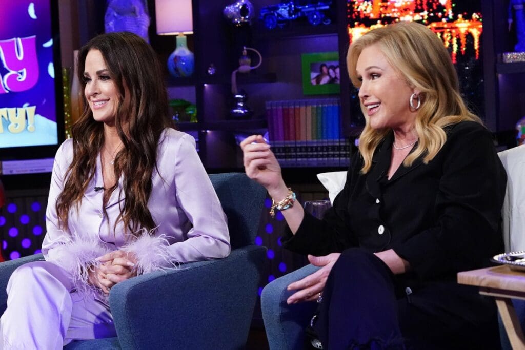 RHOBH's Kyle Richards and Kathy Hilton share a laugh while appearing on WWHL together
