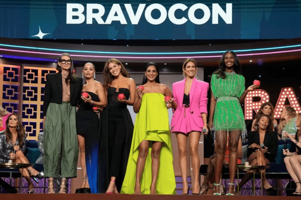 Sai De Silva, Ubah Hassan, Erin Dana Lichy, Jenna Lyons, Jessel Taank and Brynn Whitfield appear on stage at BravoCon after being announced as the new stars of the Real Housewives of New York reboot