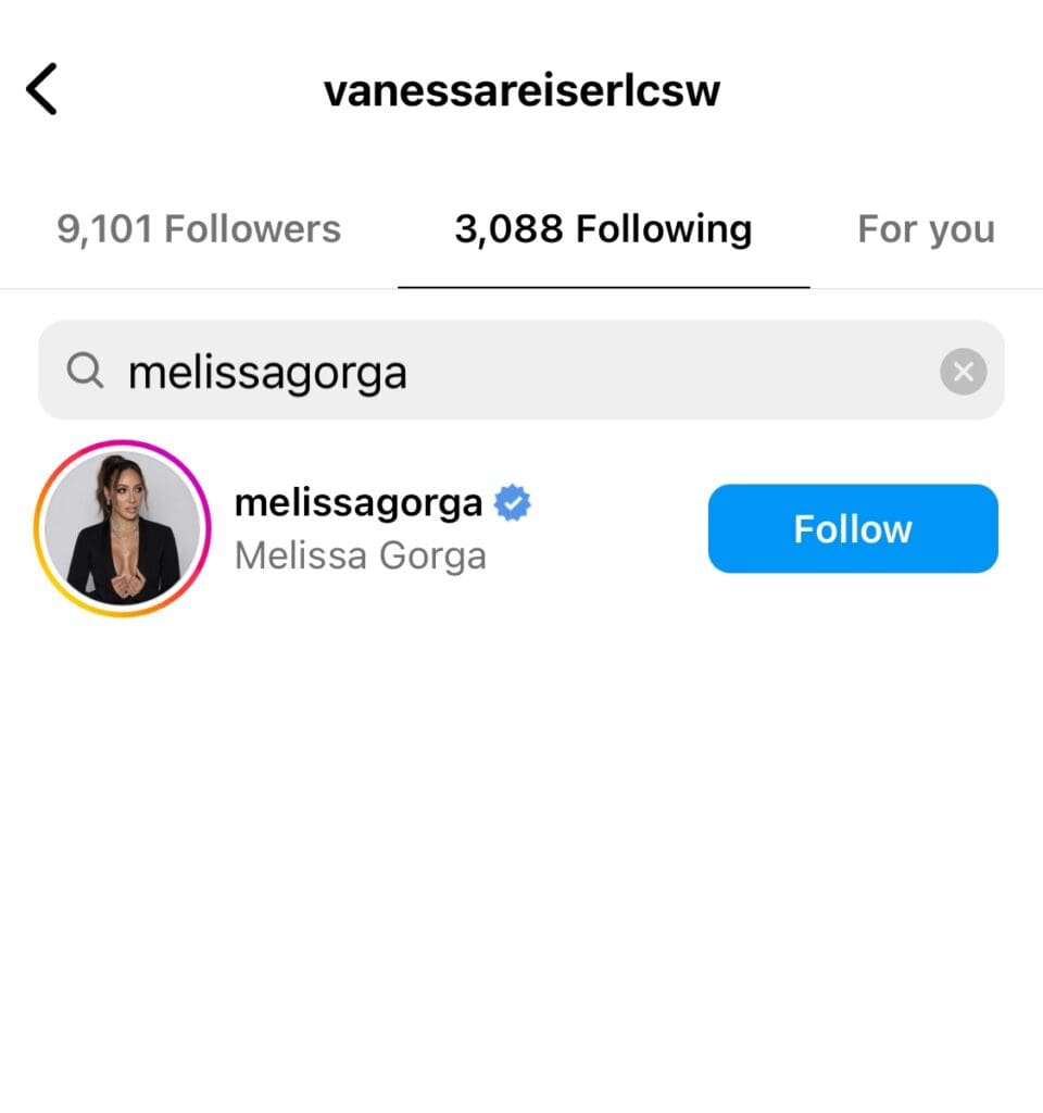 Vanessa Reiser follows Joe and Melissa Gorga plu s their family on Instagram