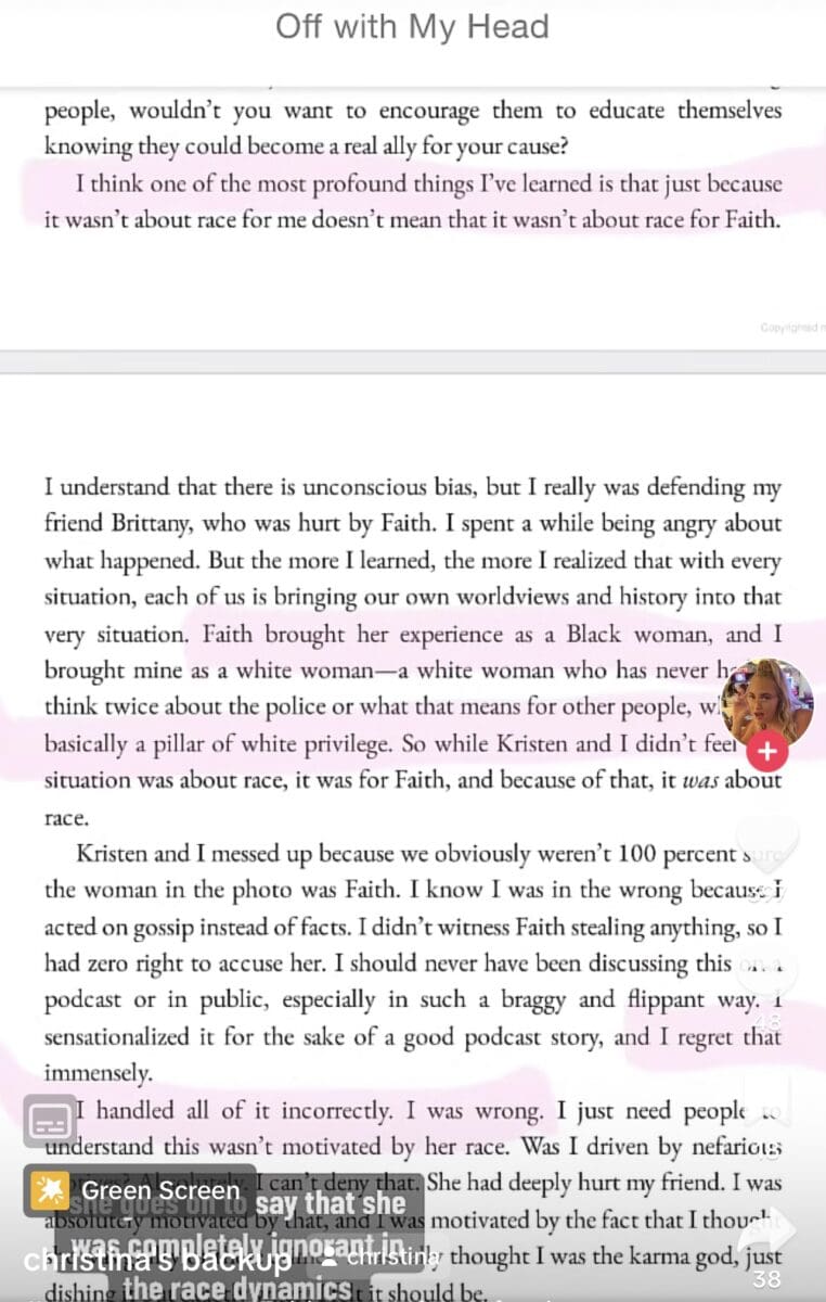 Excerpt from Stassi Schroder's Book Off With My Head discussing Faith Stowers