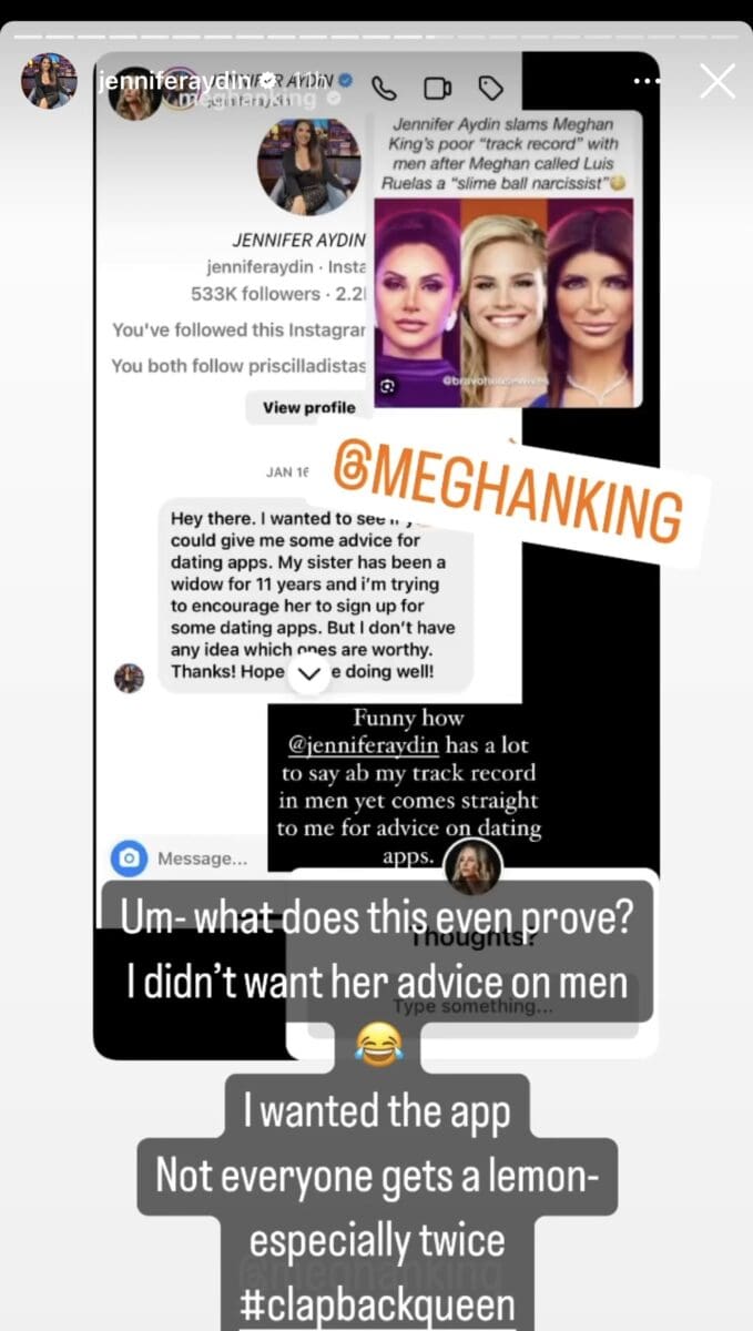 Jennifer Aydin denies reaching out to Meghan King on Instagram for dating advice