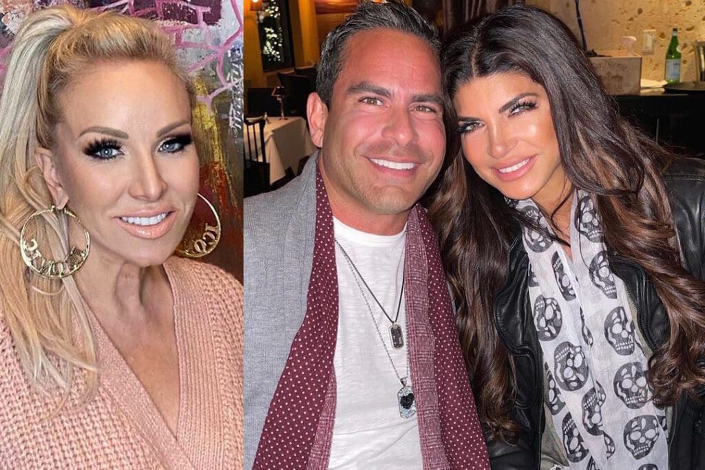 Margaret Josephs poses for photo with gold hoop earrings and nude v-neck top; Teresa Giudice and Louie Ruelas cuddle up to each other for photo on date night