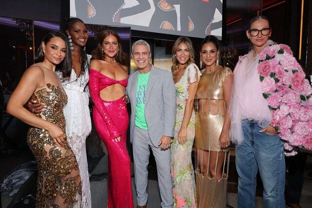 Andy Cohen poses with RHONY stars Brynn Whitfield, Erin Lichy, Sai De Silva, Jenna Lyons, Jessel Taank, and Ubah Hassan season 14 premiere party