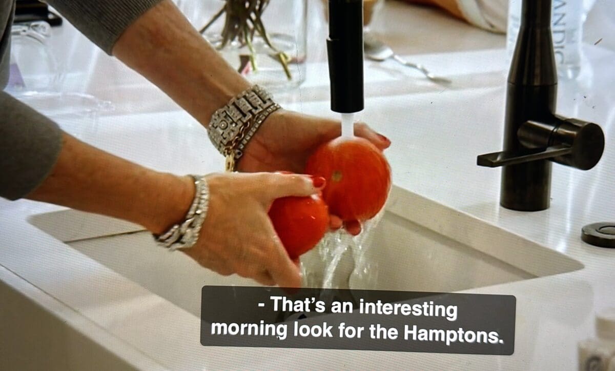 Jenna Lyons washing tomatoes with half a million dollars of diamonds on her wrists 