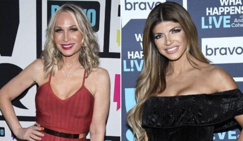 RHONJ's Kim D and Teresa Giudice pose for photos after appearing on WWHL