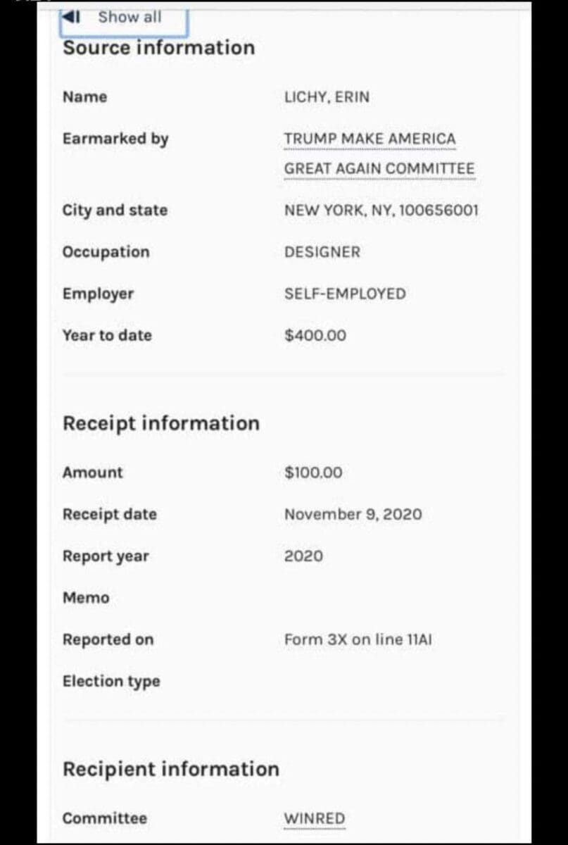 Erin Lichy's 2020 post election political donations 