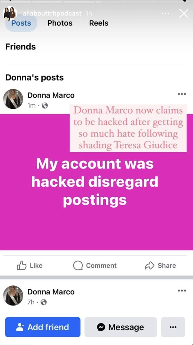 Melissa Gorga's mom claims her Facebook account was hacked.