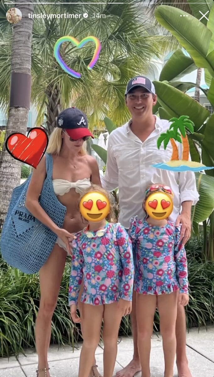 Tinsley Mortimer, her fiance, and his twin daughters on vacation.
