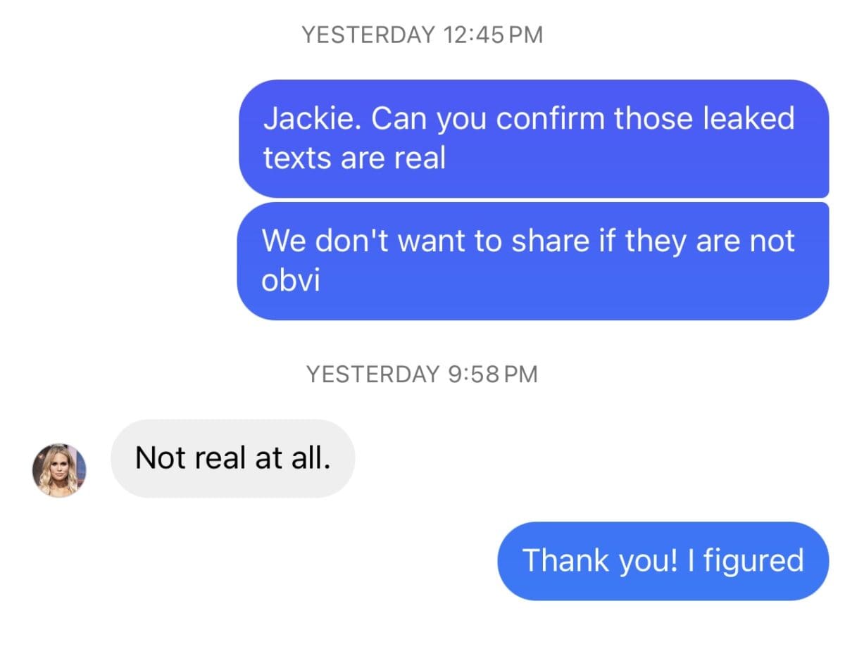 RHONJ's Jackie tells AllAboutTRH that the text messages between her and Margaret are fake.