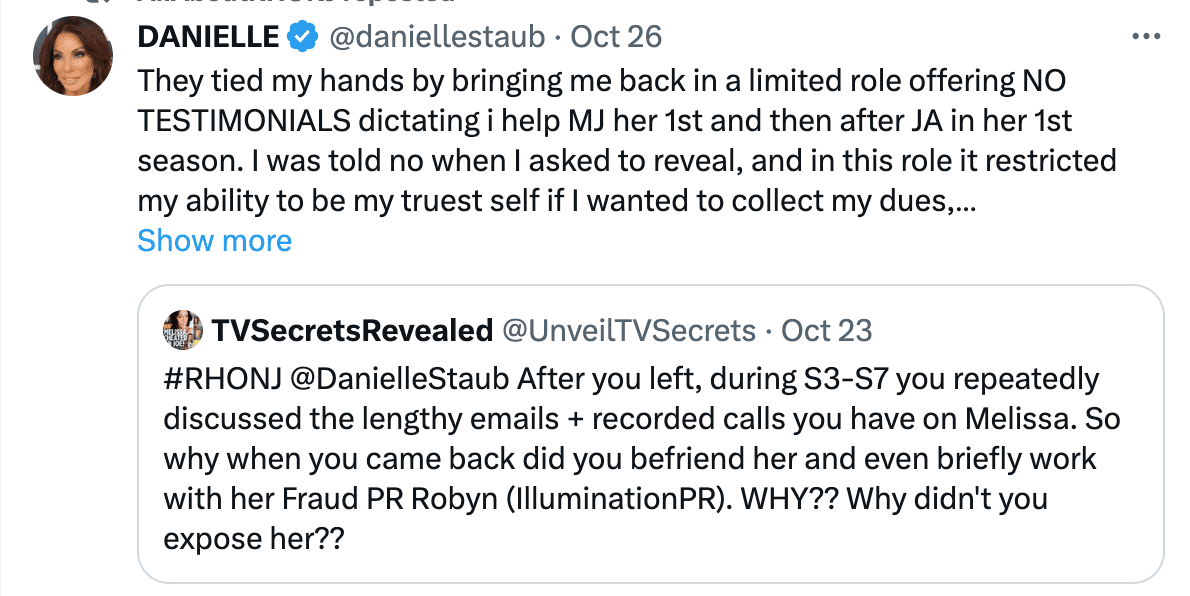 Danielle Staub blames RHONJ producers for preventing her from exposing Melissa Gorga's lies.