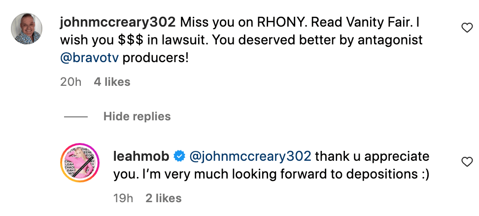 Leah confirms her plans to sue Bravo on Instagram 
