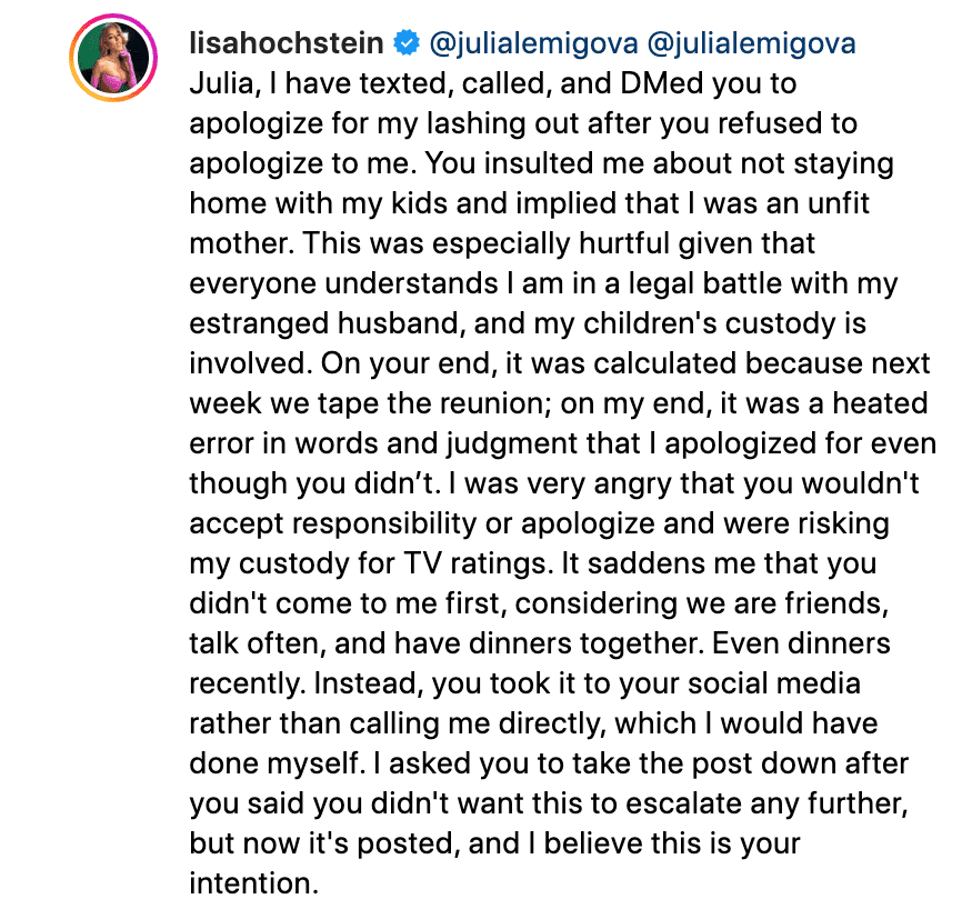 Lisa Hochstein fires back at RHOM co-star Julia Lemigova on Instagram.