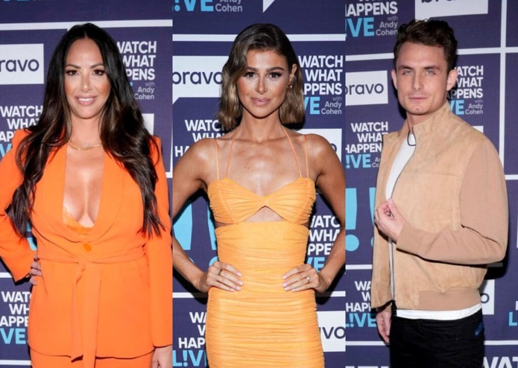 Vanderpump Rules stars Kristen Doute, Raquel Leviss, and James Kennedy pose for photos on WWHL