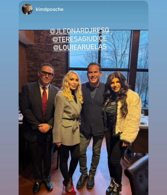 Teresa Giudice and Kim D reunite at Rails Steakhouse and pose for photo with Louie Ruelas and attorney James J. Leonard.