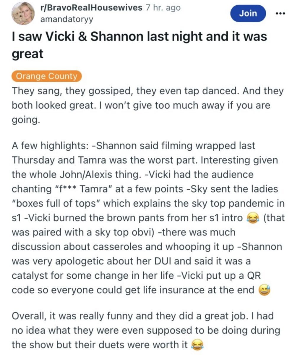 Details about Vicki and Shannon throwing shade at their RHOC co-star Tamra at a live show. 
