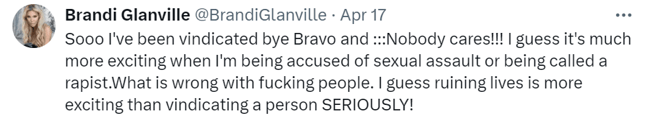 Brandi Glanville is upset the Bravoverse isn't supporting her more after RHUGT vindication