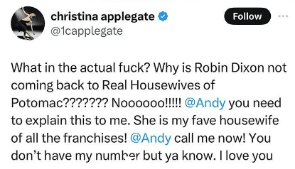 Christina Applegate voices her anger over Robyn Dixon's potential firing from RHOP. 