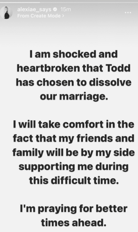 Alexia's statement on Todd's divorce petition.