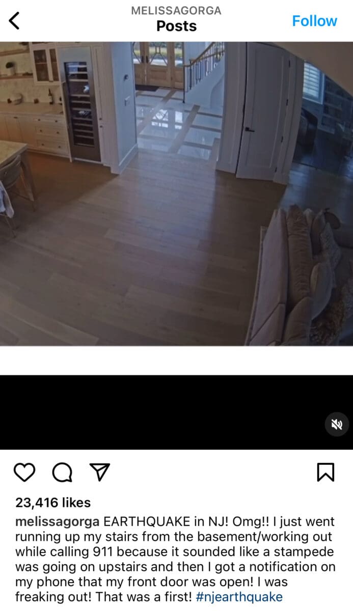Melissa posts about NJ earthquake on Insta